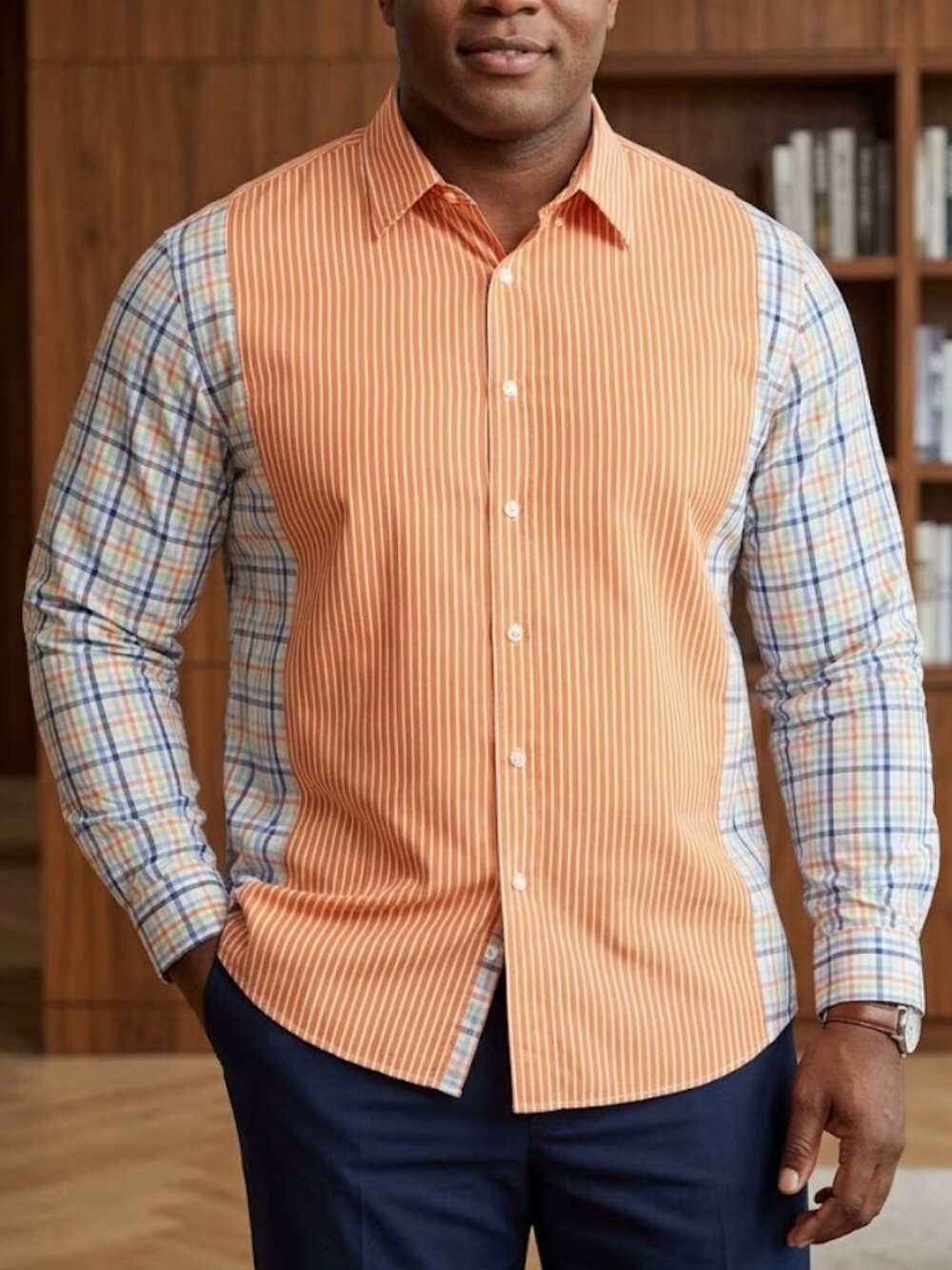 DKNY Men's XXL Refined Fit Orange Stripe & Plaid Fun Button Down Shirt